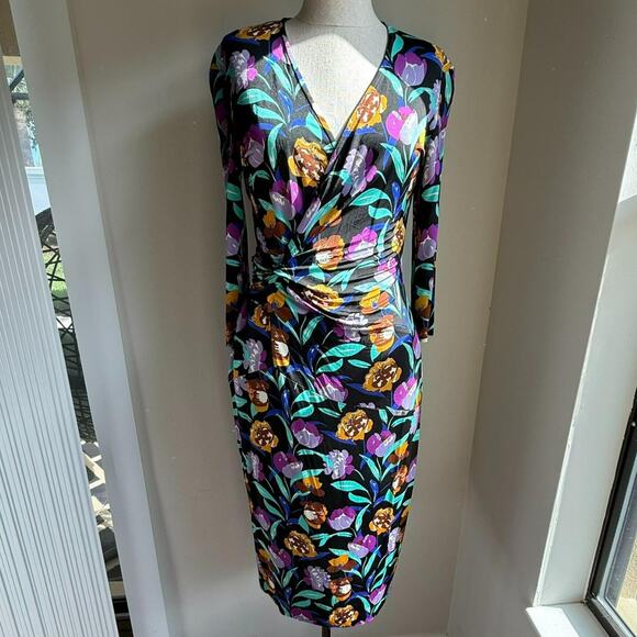 Etro Milano Floral Jersey Faux Wrap Sheath Dress Italy Sz 42 - Picture 2 of 8